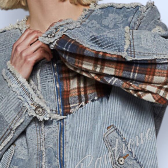 POL Distressed Grunge Denim Flanel Plaid Floral Patch Zipper Front Jean Jacket - Picture 5 of 10